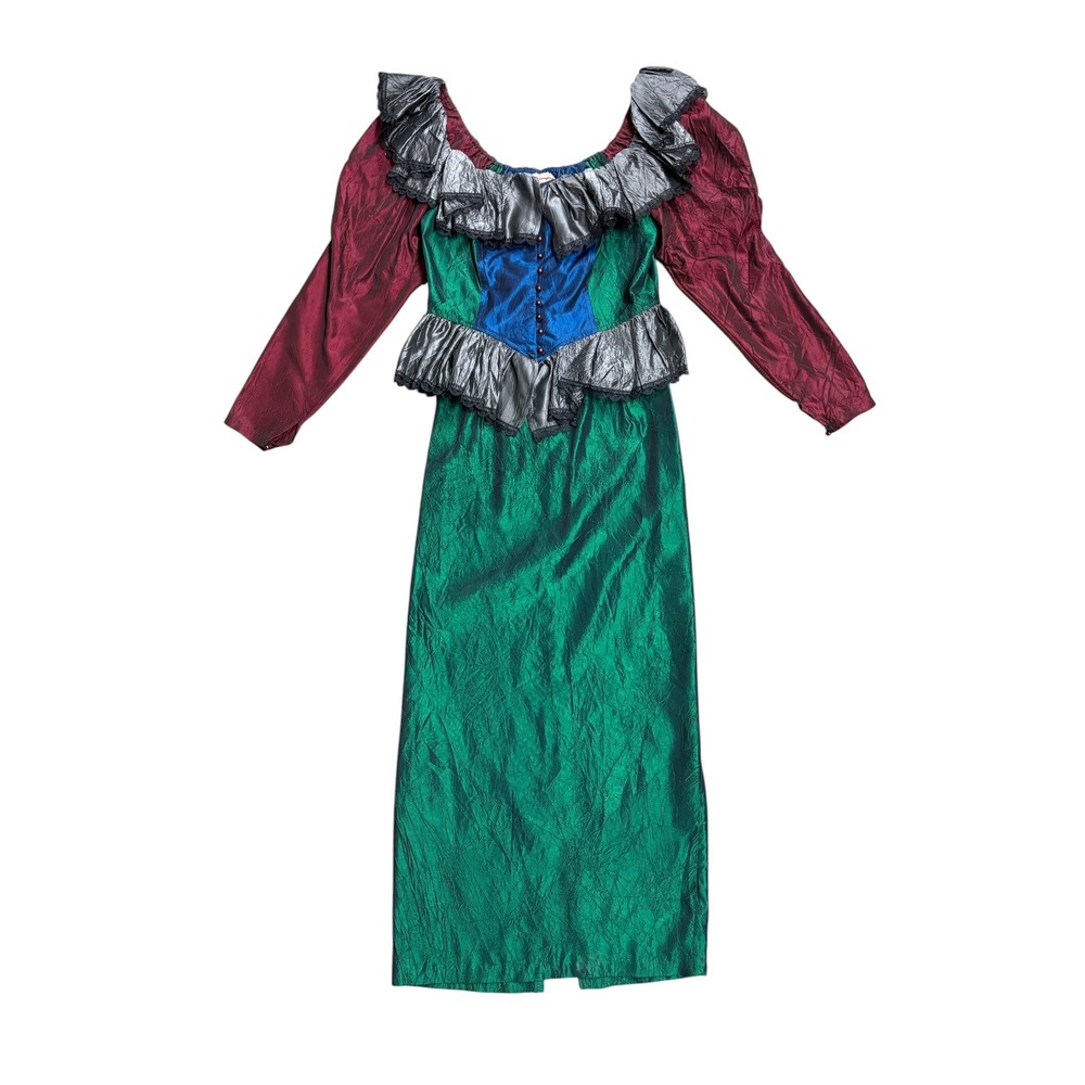 Vintage Contempo Casuals 2 Piece Set Metallic Ruffle Peplum Top Maxi Skirt Green